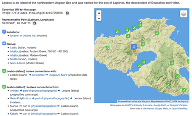 Pleiades screenshot of the entry for the Island of Lesbos